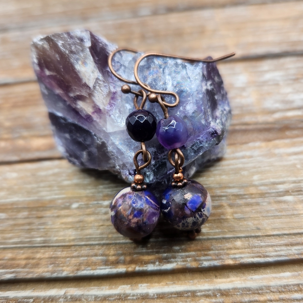 Purple Imperial Jasper, Amethyst, and Copper Drop Earrings